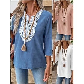 Damen Hemd Bluse Spitzentops Spitze Einfach Stilvoll Klassisch Modern Dreiviertelarm V Ausschnitt Normale Oberteile Täglich Ferien Ausgehen Blau Weiß Rosa Somm