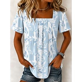 Women's T Shirt Print Floral Graphic Plants Vintage Stylish Classic Short Sleeve Square Neck Regular Tops Daily Weekend Blue White Pink Summer Spring