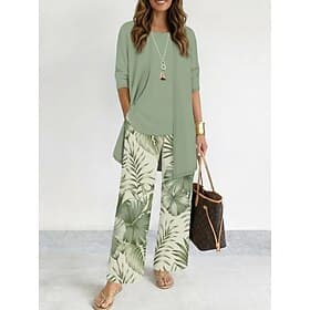 Femmes Débardeur Camisoles Ensembles de Pantalons manche longue Col rond Graphique Feuilles Imprimé Mode Streetwear Occasionnel Quotidien Extérieur Bleu Blanch