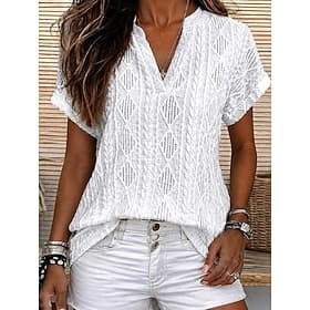 Mujer Blusa con textura Elegant Tops tejidos con textura Con Texturas Geométrico Elegante Clásico Manga Corta Escote en Pico Tops largos Casual Azul Piscina Bl