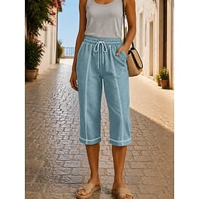 Women's Capri Pants Faux Cotton Linen Cooling Vacation Casual Capris High Waist dark brown Black White Sky Blue Summer Spring Fall