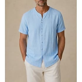 Men's Summer Linen Shirt - Soft Breathable Short Sleeve - Blue