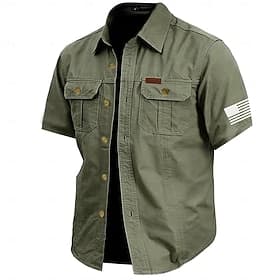 Men's Solid Color Work Shirt Western Shirt Cargo Shirt Short Sleeve Casual Tactical Vacation Daily Going out Summer Turndown Lapel Pocket Army Green off-white