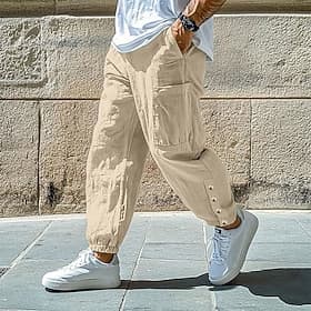 Men's Joggers Linen Pants Trousers Summer Pants Multi Pocket Elastic Cuff Plain Comfort Breathable Full Length Casual Daily Holiday Vacation Fashion Khaki Blac