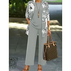 Women's Pants Sets Long Sleeve Round Neck Floral Graphic Print Fashion Streetwear Casual Daily Outdoor Blue Khaki Gray Spring Summer Regular Fit