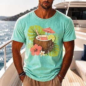 Men's Floral Coconut Coconut Palm100 Cotton Acid Wash Shirt Heavyweight T-shirt Short Sleeve T shirt DTG Crew Neck Shirt Hawaiian Daily Holiday Blue Black Pink