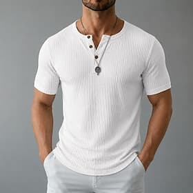 Men's Henley Top Short Sleeve Plain Knitwear Elegant Vacation Ribbed Button-Down Henley Casual Vacation All Seasons Navy Black Pink Henley T-Shirt