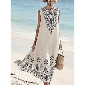Women's Midi Dress Sundress A Line Dress Vacation Casual Boho Beach Going out Loose Fit Floral Graphic Tribal Sleeveless Crewneck Blue Pink Khaki Beige Summer