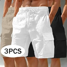 Men's Cargo Shorts Linen Shorts Summer Shorts Beach Shorts Drawstring Elastic Waist Multi Pocket Plain Breathable Knee Length Daily Outdoor Beach Vacation Hawa