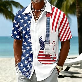 4 juli 2026 250e Voor heren Gitaar Amerikaanse vlag Overhemd Zomer overhemd Overhemd met knopen Korte mouw Vaderlandslievend Buiten Festival Zomer Lente Strijk