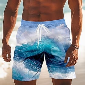 Men's Ocean Ocean Waves Swim Trunks Bathing Suits Swim Shorts Board Shorts Mid Waist Hawaiian Daily Beach Vacation Wear Side Pockets Mesh Lining Elastic Drawst