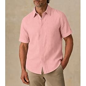Men's Summer Linen Shirt -Casual Beach Shirt Short Sleeve - Pink