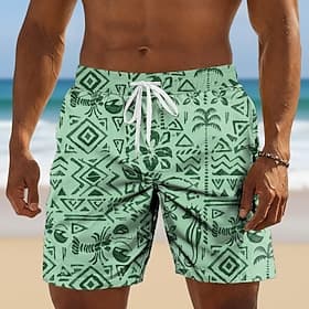 Men's Fish Shrimp Coconut Palm Swim Trunks Bathing Suits Swim Shorts Board Shorts Mid Waist Hawaiian Daily Beach Vacation Wear Side Pockets Mesh Lining Elastic