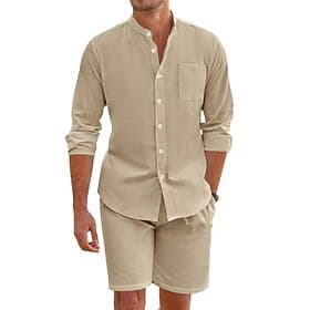 Homme Chemise en lin Deux pièces Ensemble Chemise Et Shorts Set Uni Quotidien Vacances Sortir Col grand-père manche longue Été Printemps Mode Occasionnel Confo