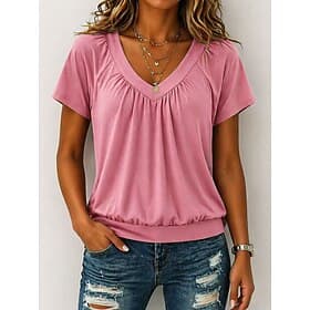 Women's T Shirt Tee Plain Elegant Stylish Short Sleeve V Neck Regular Tops Casual Daily Beach White Pink Navy Blue Green Summer Spring