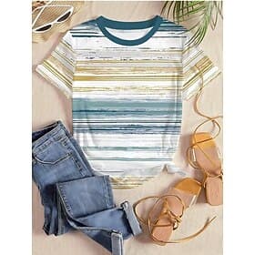 Women's T Shirt Print Striped Graphic Geometric Striped Vintage Stylish Classic Short Sleeve Crew Neck Round Neck Regular Tops Casual Daily White / Green White