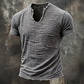 Men's T Shirt Linen T-Shirt Short Sleeve V Neck Summer Spring Solid Color Textured Vacation Vintage Sports Raw Edge Casual Home Outdoor Black White Wine Top Te