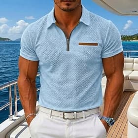 Men's Cooling Ice Silk Seersucker Polo Textured Casual Holiday Zip Short Sleeve Fashion Basic Solid Color Plain Pocket Color Block Spring Summer Summer Tailor