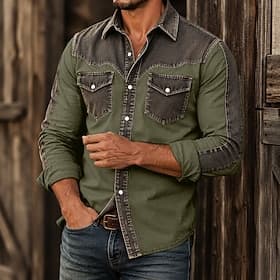 Men Shirt Casual Shirt Garment Dyed Acid Wash Shirt Blue Burgundy Light Grey Military Green Apricot Long Sleeve Color Block Plain Shirt Collar Casual Daily Fro