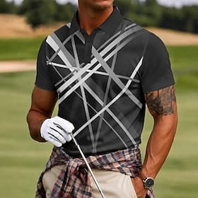 Men's Geometic Line Sports Polo Shirts Short Sleeve Polo Shirts Lapel Business Casual Athleisure 3D Print Buttons Breathable Mesh Spring Summer Blue Gray