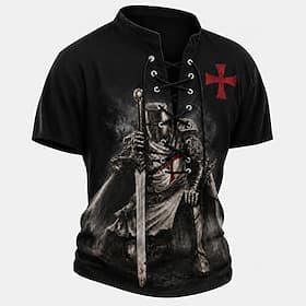 Voor heren Tempeliers Kruis Henley-shirt T-shirt T-shirt Korte mouw T-shirt 3D-afdrukken Veterhals Henley Overhemd Religieus Dagelijks Festival Zwart Rood Khak