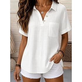 Women's Blouse Solid Color Plain Vintage Stylish Basic Short Sleeve V Neck Regular Tops Casual Daily Blue White Pink Beige Summer Spring