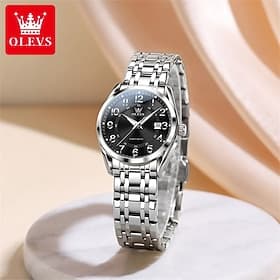 OLEVS Women's Watch Silver Stainless Steel Bracelet Black Dial Arabic Numerals Analog Quartz Watch with Date Display Waterproof Fashion Ladies Dress Watch for