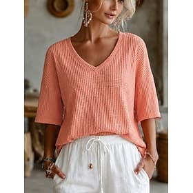 Damen Waffelhemd Bluse T-Shirt Textur Einfach Vintage Stilvoll Modern Halbarm V Ausschnitt Normale Oberteile Lässig Täglich Sommer Hellgrün Rosa Orange Leicht
