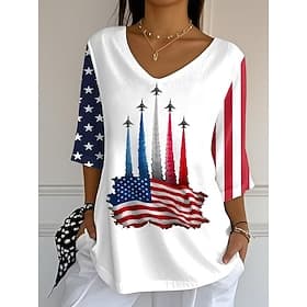 American Independence Day Women's Blouse Graphic Flag Vintage Tropical Stylish 3/4 Length Sleeve V Neck Regular Tops Daily Blue Black White Summer Spring Fall
