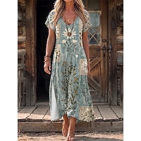 Women's Midi Dress Shift Dress Casual Regular Fit Floral Geometric Short Sleeve V Neck Green Beige Summer Spring