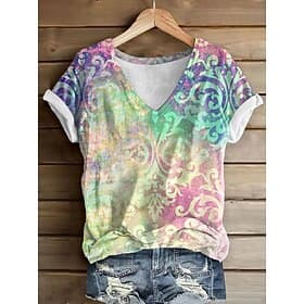 Women's T Shirt Print Graphic Geometric Stylish Classic Casual Short Sleeve V Neck Regular Tops Casual Daily White Orange Green Summer Spring
