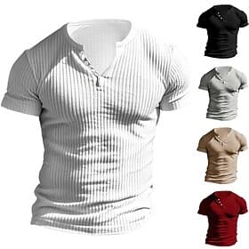 Men's T Shirt Short Sleeve Henley Spring All Seasons Plain Elegant Vacation Fashion Knitted Ribbed Casual Vacation White Black Burgundy Top Tee for Men