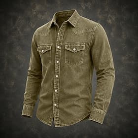 SoftFade™ Men Shirt Cargo Shirt Acid Wash Shirt Garment Dyed Black Burgundy Green Light Blue Long Sleeve Plain Shirt Collar Casual Daily Front Pocket Clothing