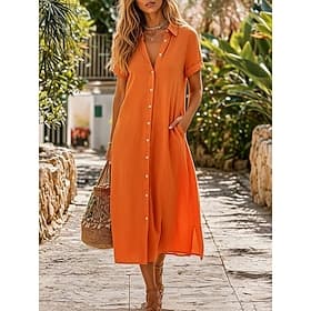 Womens Midi Dress Cotton Linen Washed Shift Dress Basic Daily Loose Fit Plain Long Sleeve Shirt Collar Summer Spring Fall