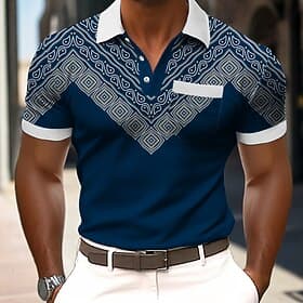 Men's Geometric Polo Shirts Short Sleeve Polo Shirts Collared Shirts Casual Outdoor Athleisure Daily Wear 3D Print Buttons Spring Summer Blue Purple Green