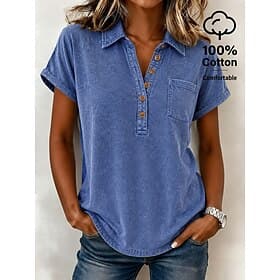 SoftFade™ Women's 100% Cotton Washed Shirt Vintage Washed Tops Plain Vintage Stylish Basic Short Sleeve Shirt Collar Regular Tops Casual Daily Going out Blue P