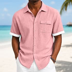 Men Shirt Linen Shirt Summer Shirt Beach Wear Button Up Shirt Solid Color Casual Vacation Blue Pink Navy Blue Khaki Short Sleeve Collar Summer Spring Clothing