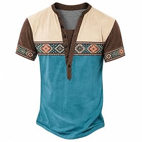 Men's Geometric T Shirt Henley Shirt Tee Short Sleeve Designer Basic Classic Casual Daily Outdoor Summer Grey Light Blue Dark Green Orange Henley Henley T-Shir