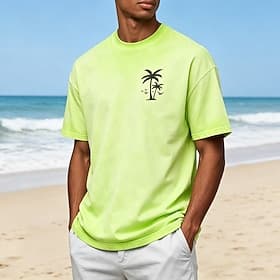 Heren T-shirt met kokospalmprint, 100% katoen, acid wash, zware kwaliteit, korte mouwen, DTG, ronde hals, modieus, dagelijks gebruik, vakantie, blauw, zwart, r