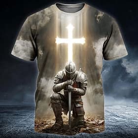 Men's Knights Templar Crusaders Cross T Shirt Short Sleeve T shirt 3D Print Crew Neck Shirt Religious Street Dark Party Khaki Gray All Seasons Clothing Apparel
