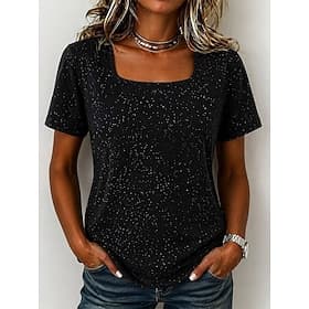 Women's T Shirt Tee Top Rhinestone Solid Color Fashion Stylish Classic Short Sleeve Square Neck Regular Tops Casual Daily Going out Black White Brown Gray Summ