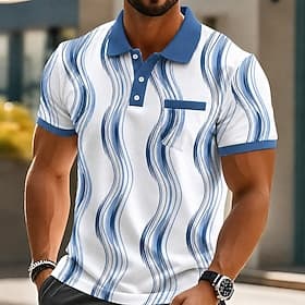 Men's Geometic Line Polo Shirts Short Sleeve Polo Shirts Collared Shirts Business Casual Outdoor Athleisure Daily Wear 3D Print Buttons Breathable Mesh Spring