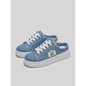 Women's Blue Denim Platform Mule Sneakers - Frayed Edge Lace-Up Slip-On Shoes with White Sole, Casual Backless Comfort Footwear for Summer Travel, Walking Dai
