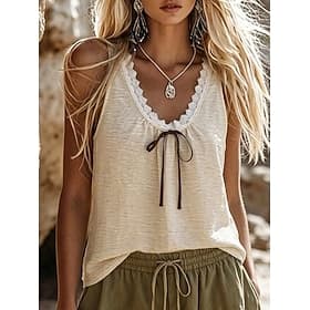 Women's Blouse Lace Tops Lace Plain Vintage Boho Sleeveless V Neck Regular Tops Casual Beach Summer Apricot Summer Spring