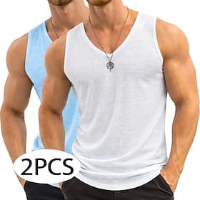 Ensemble 2 pièces pour homme : débardeur en lin, t-shirt sans manches, col V, style bohème chic, coupe slim, doux, idéal pour la plage, les vacances et le quot