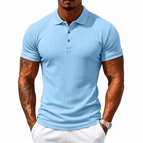 Men's Polo Shirts Rib Knit Top Casual Work Lapel Short Sleeve Basic Modern Plain Textured Buttons Knitted Spring Summer Blue White Yellow Wine Navy Blue Gray