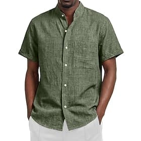 Men's Shirt Linen Shirt Summer Shirt Beach Wear Band Collar Shirt Button Up Shirt Solid Color Casual Vacation Black White Pink Orange Short Sleeve Mandarin Col