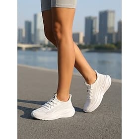 Women's White Breathable Knit Running Shoes - Lightweight Athletic Sneakers with with Shock Absorption EVA Sole for Walking, Gym, Jogging All-Day Wear
