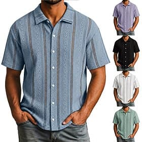 Men Shirt Texture Casual Shirt Button Up Shirt Jacquard Shirt Black White Light Green Purple Light Blue Short Sleeve Plain Shirt Collar Casual Daily Hollow Out