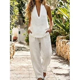 Women's Cotton Linen Sets Two Piece Sets Vest Sleeveless Halter Neck Plain Fashion Streetwear Casual Daily Outdoor Black White Green Summer Regular Fit